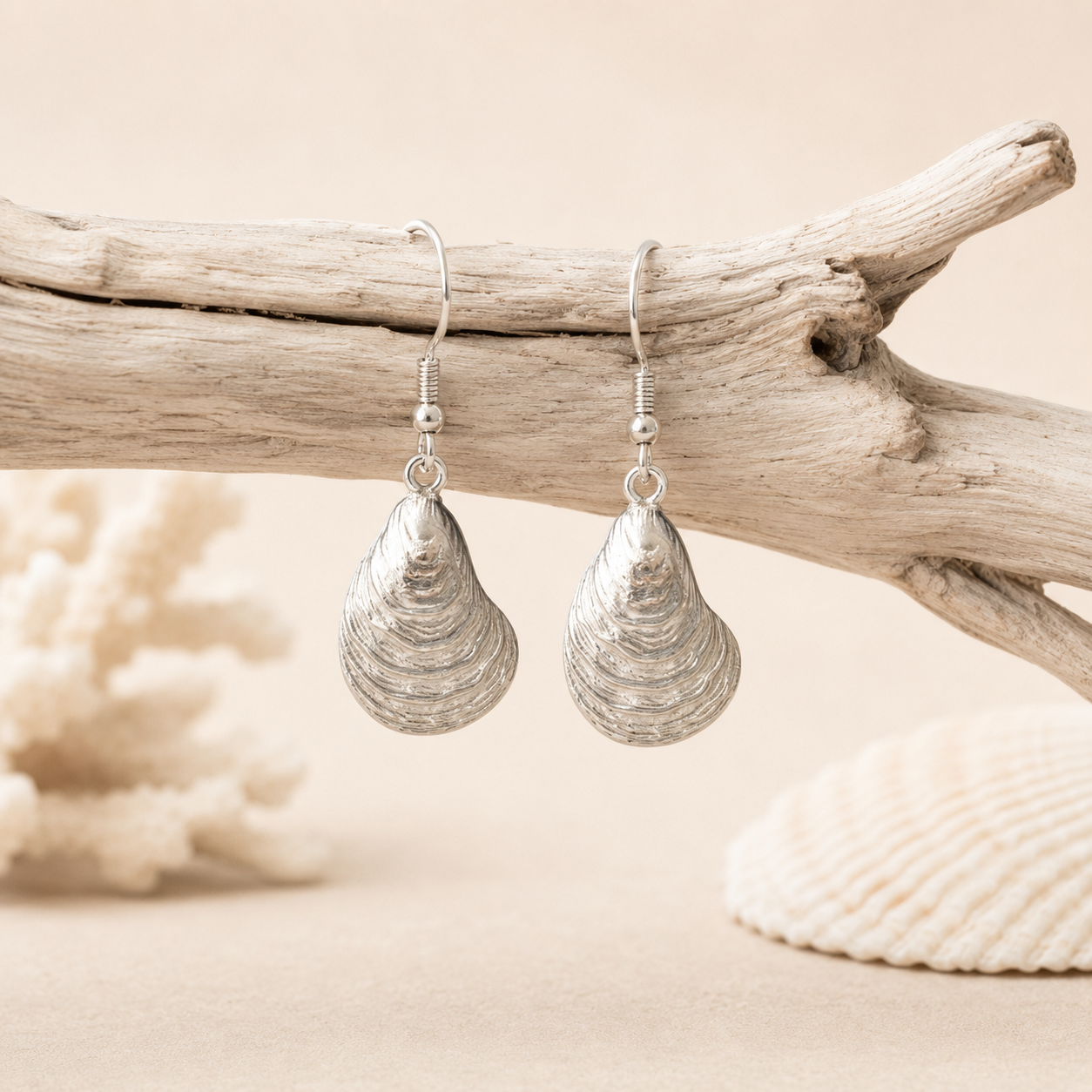 Silver Oyster Drop Earrings