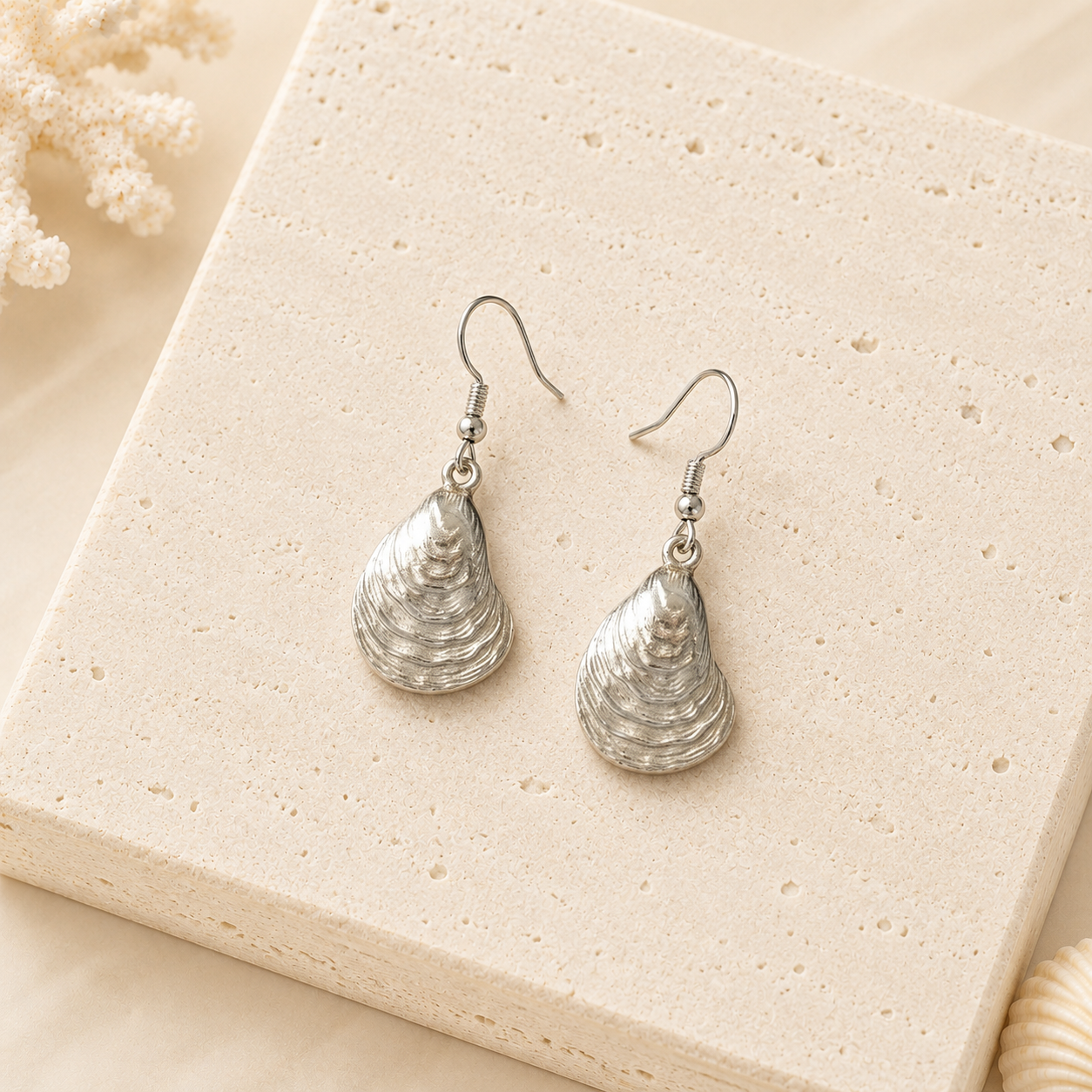 Silver Oyster Drop Earrings