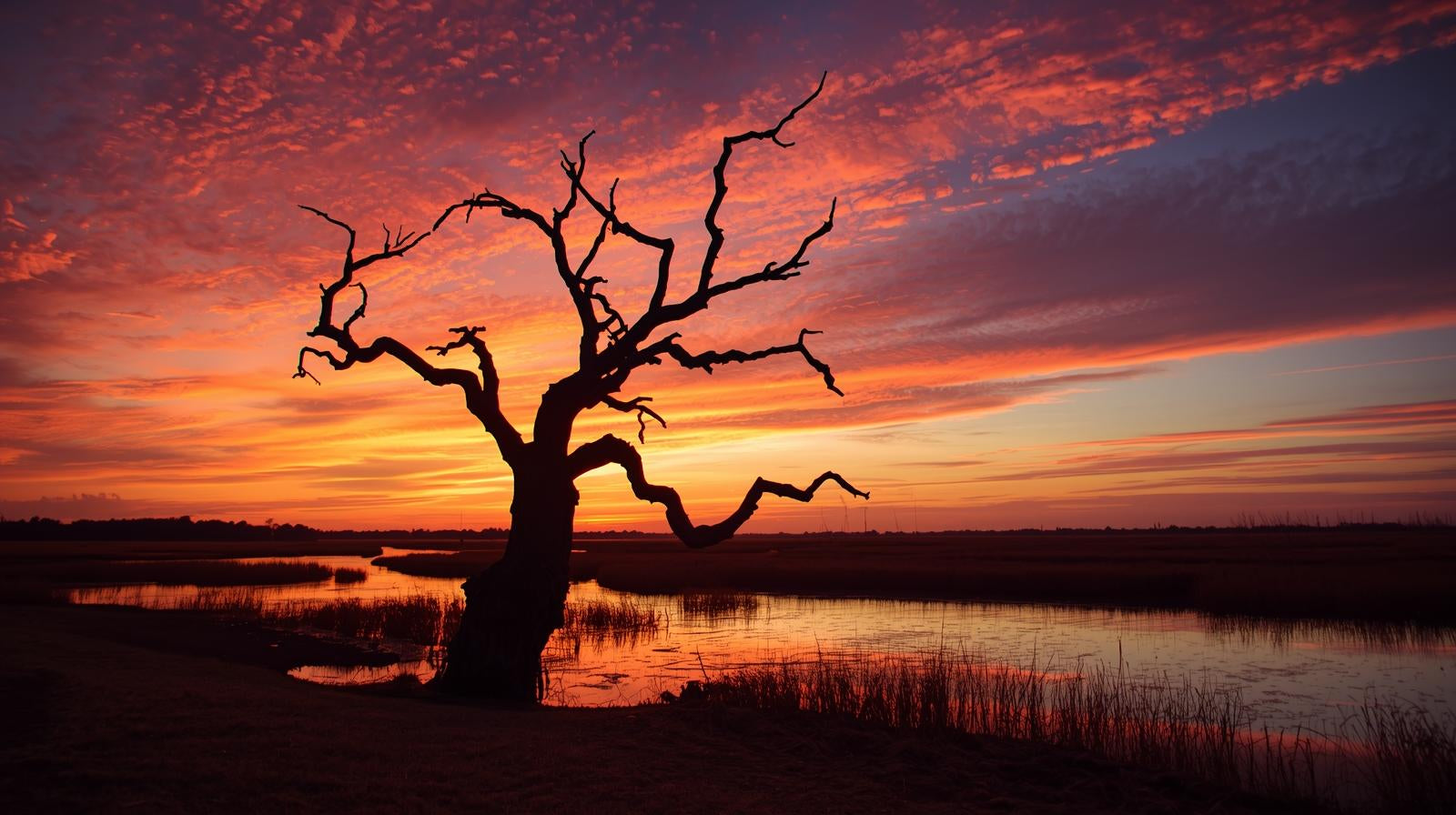 Silhouette of a tree against a vibrant sunset sky over water