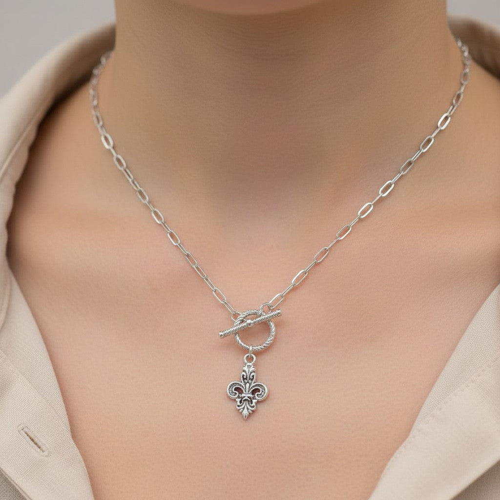 Silver Louisiana Fleur De Lis Pendant on a modern paperclip chain with toggle clasp