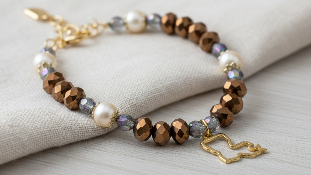 Bracelet with brown beads and gold clasp on a light background