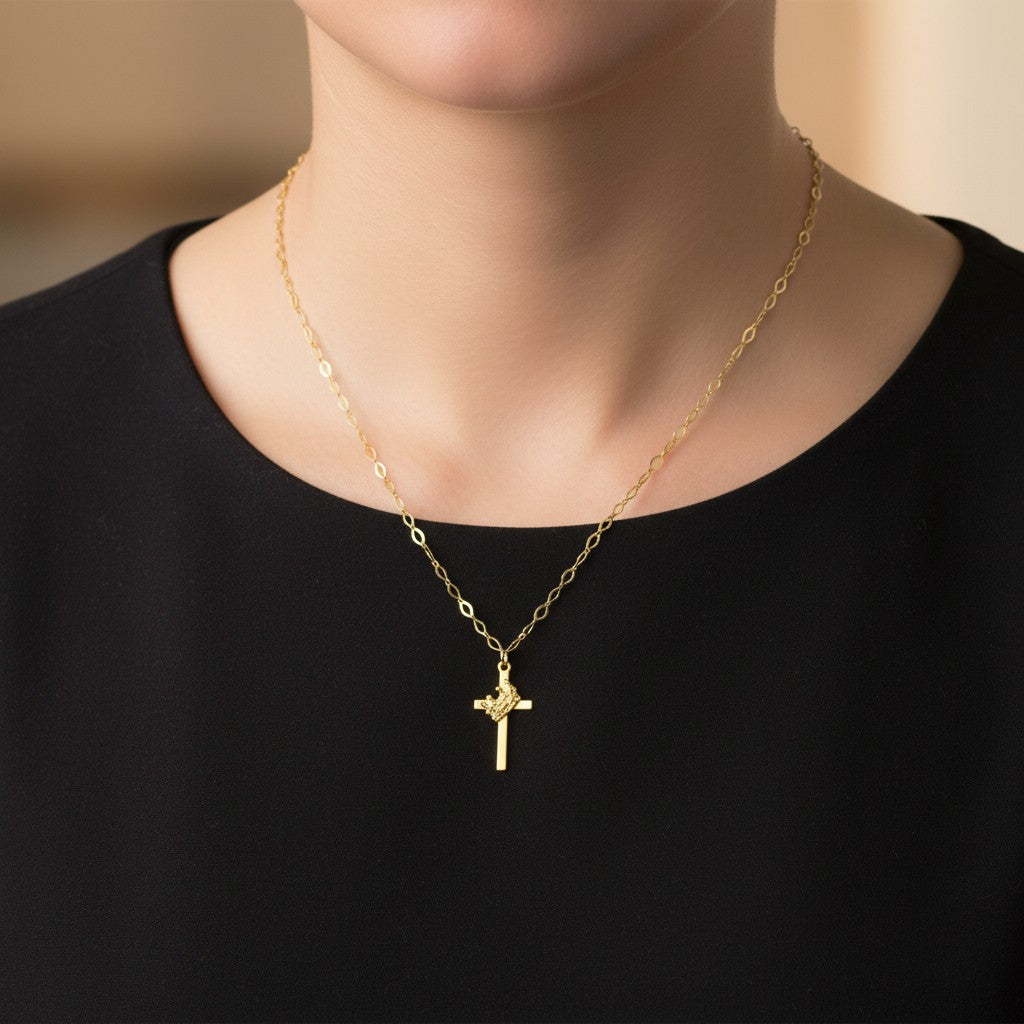 Minimalist gold cross necklace for women, delicate handmade jewelry, meaningful gift.