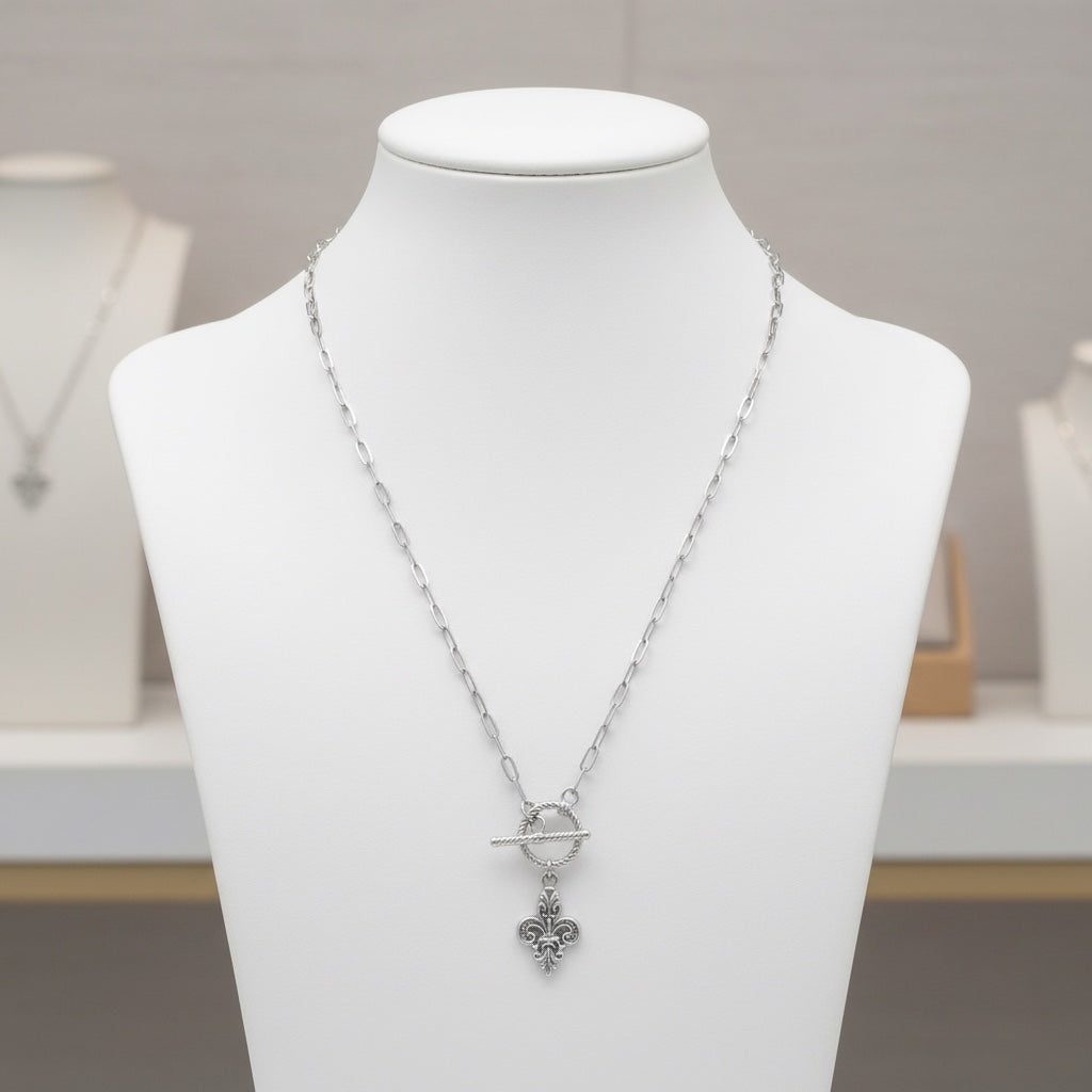 Silver Louisiana Fleur De Lis Pendant on a modern paperclip chain with toggle clasp