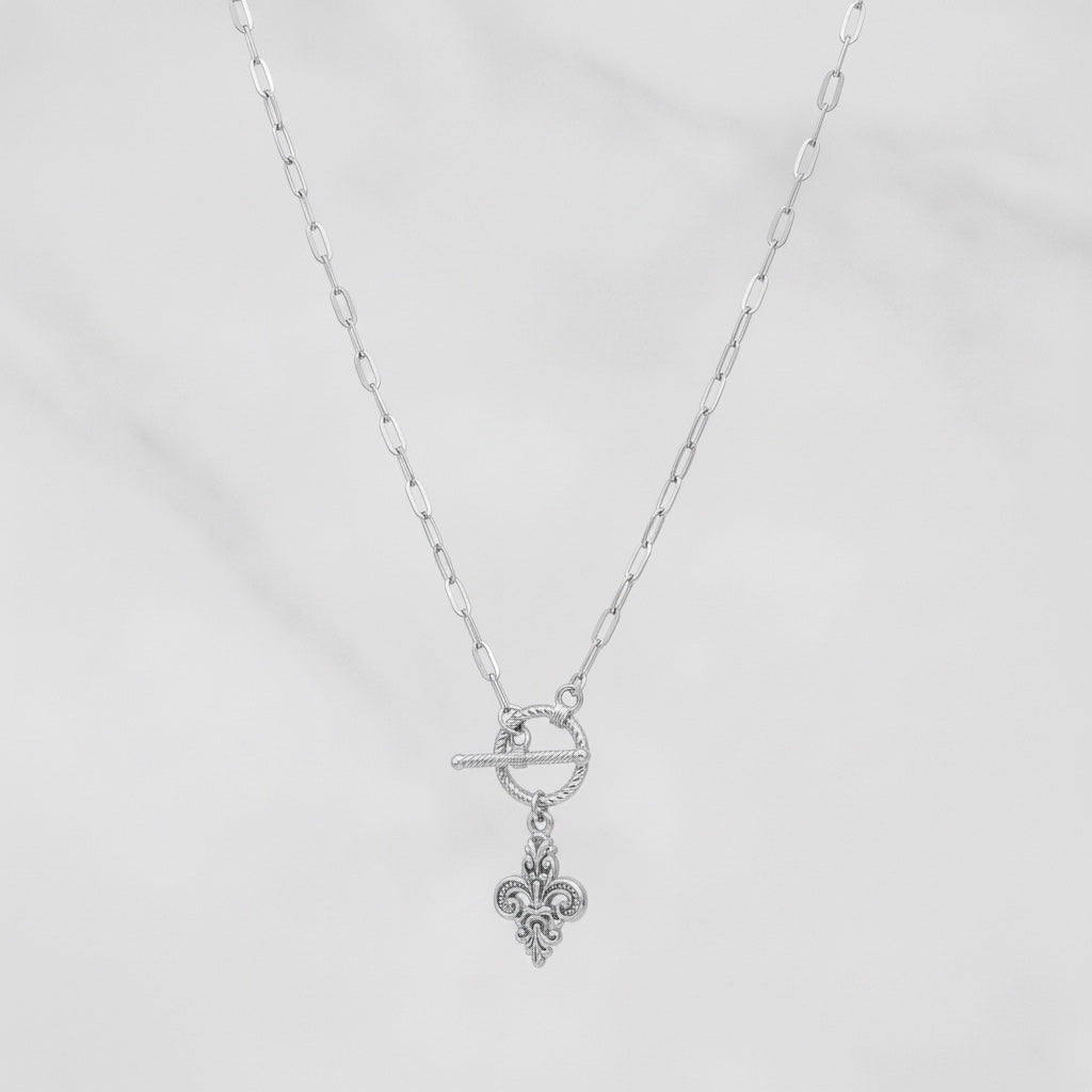 Silver Louisiana Fleur De Lis Pendant on a modern paperclip chain with toggle clasp