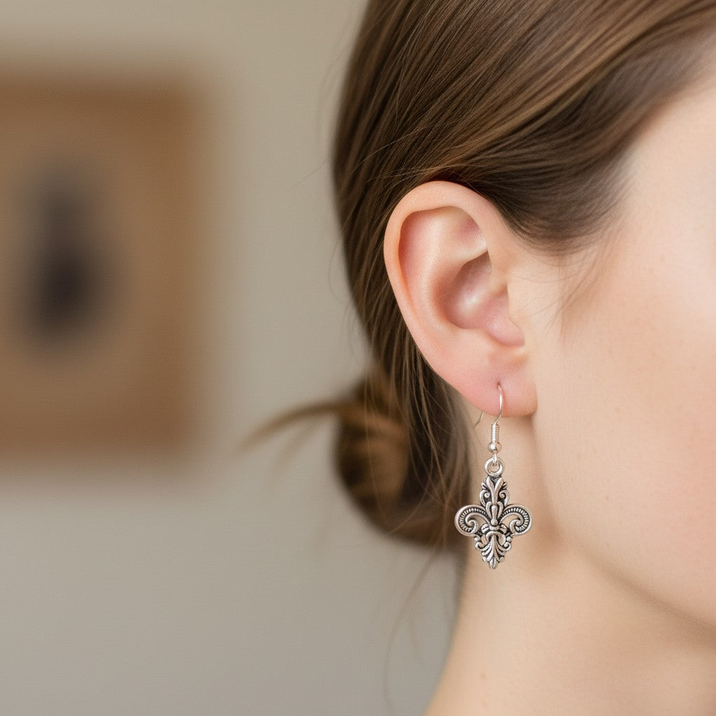 Southern inspired fleur de lis earrings styled for everyday wear