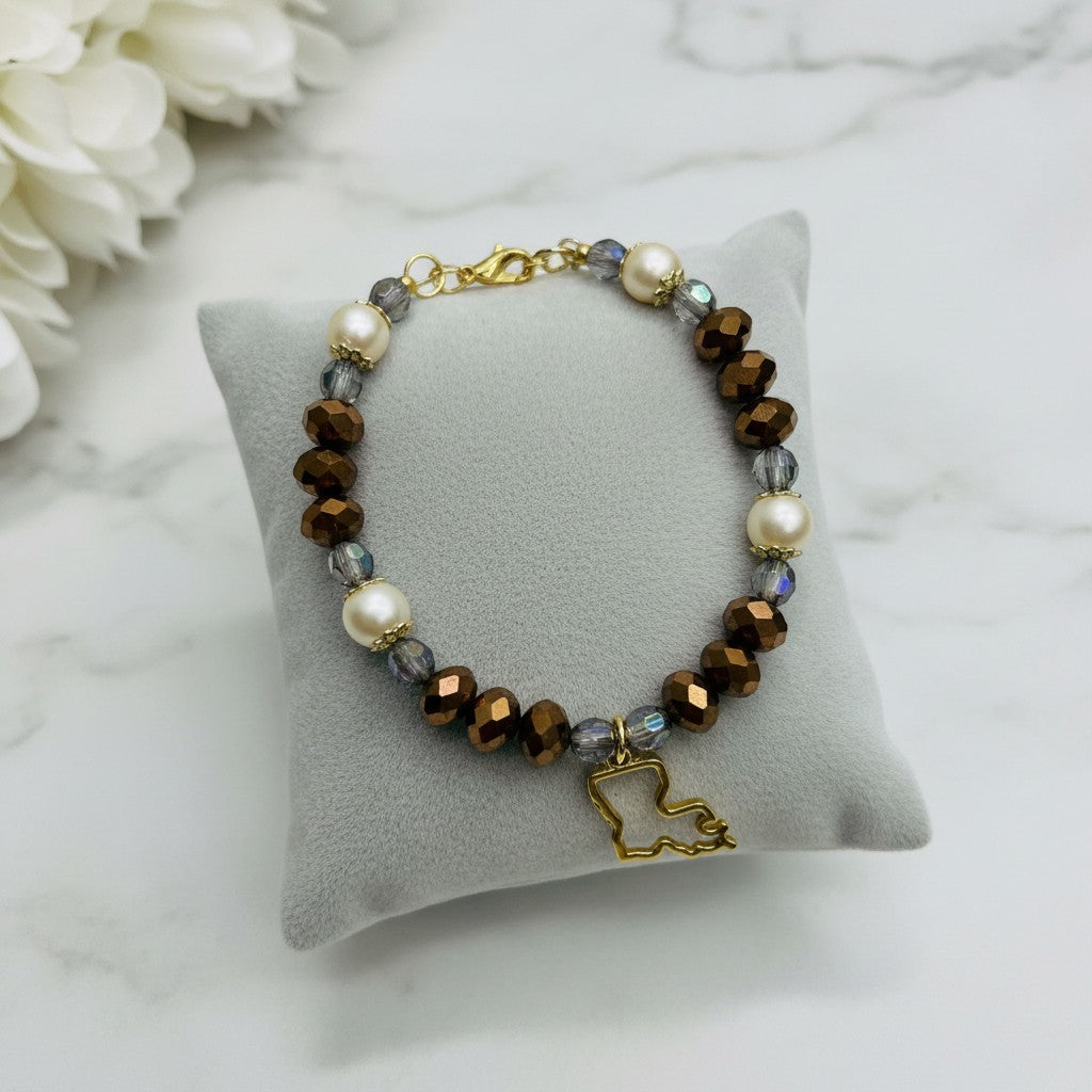 Handmade Brackish Bayou bracelet with natural beads, Louisiana-inspired boho jewelry for women.