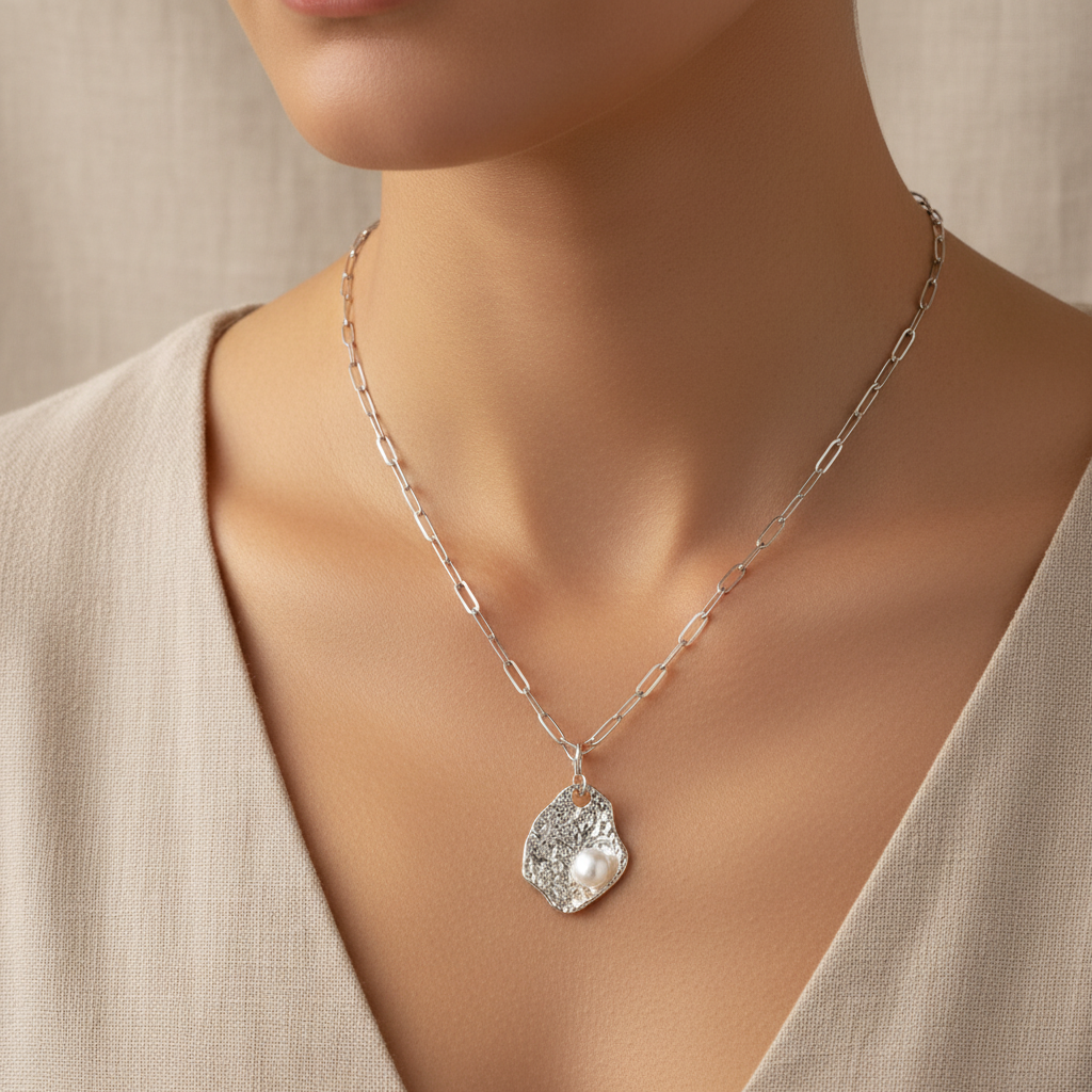 Hammered Oyster Necklace worn on collarbone
