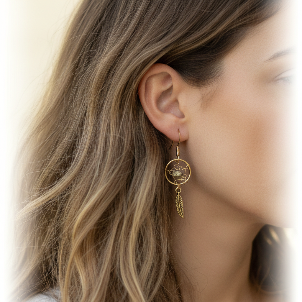 Bayou Dreamcatcher Feather Drop Earrings on model
