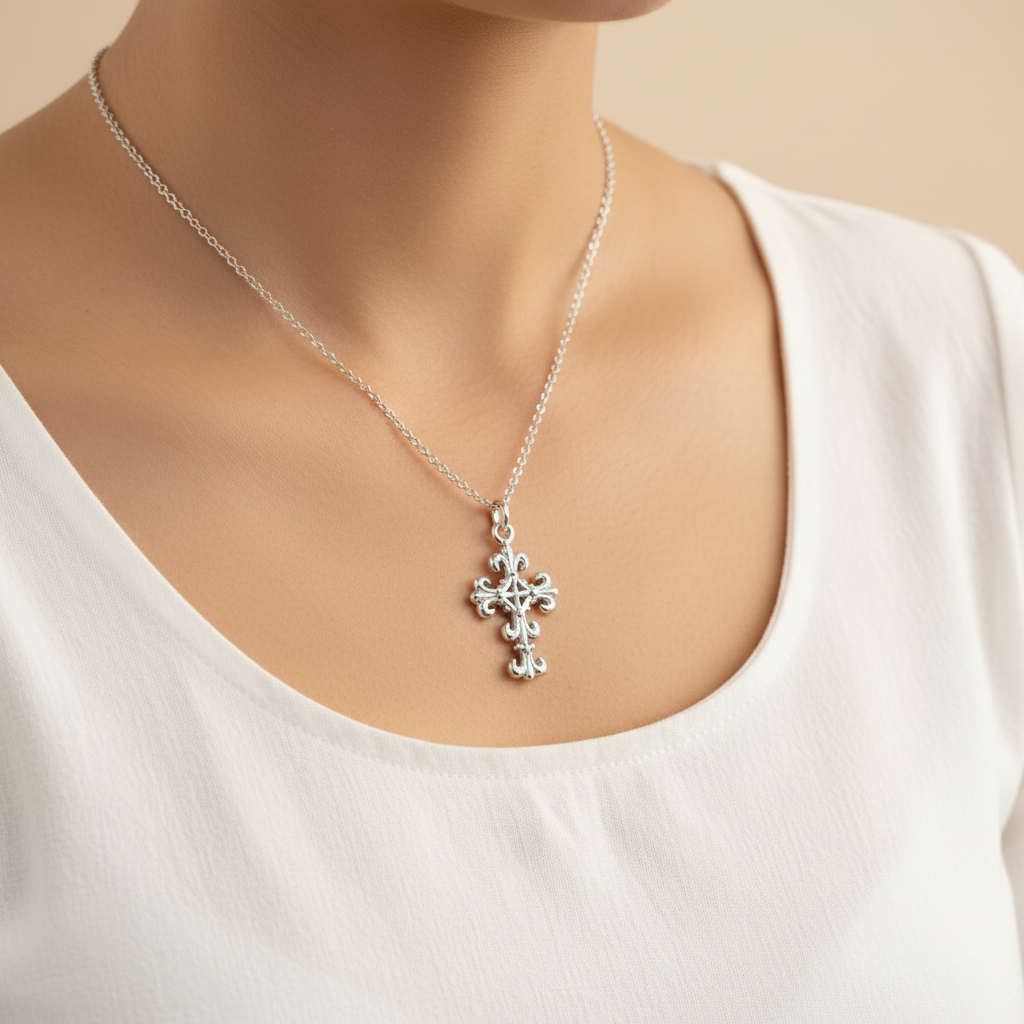Fleur De Lis Cross Necklace on model