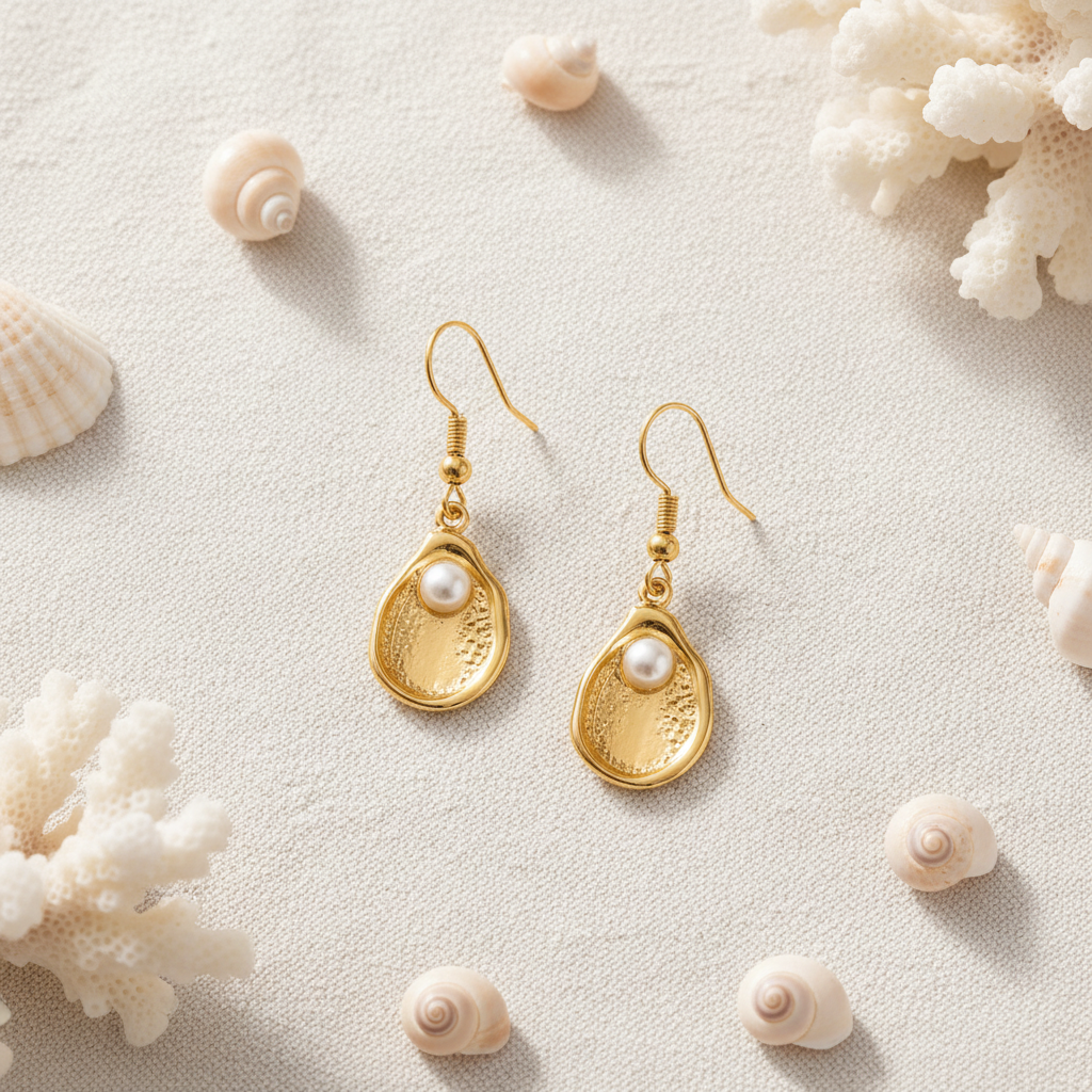 Oyster Pearl Drop Earrings flat lay
