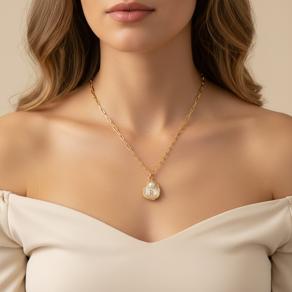 Bayou Oyster Initial Necklace worn on collarbone