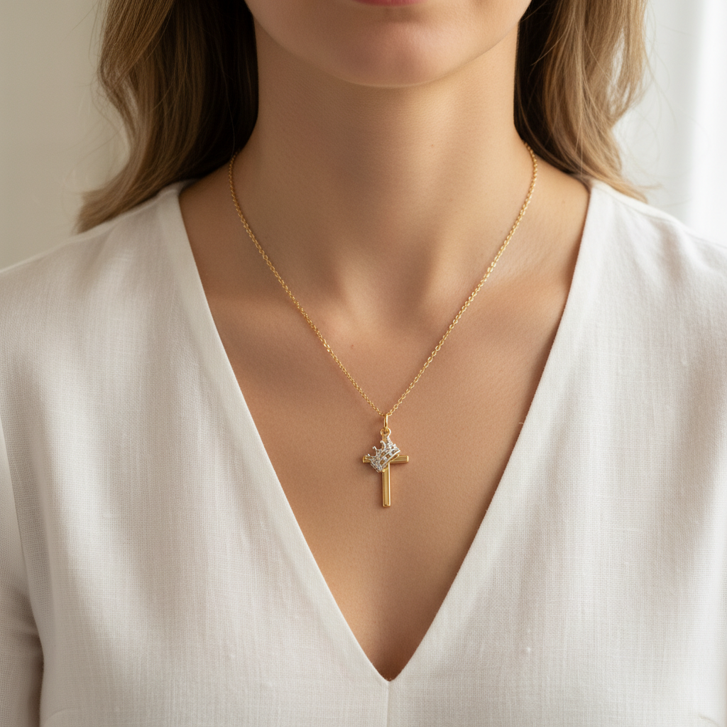 Gold Bayou Blessings Cross Necklace on model