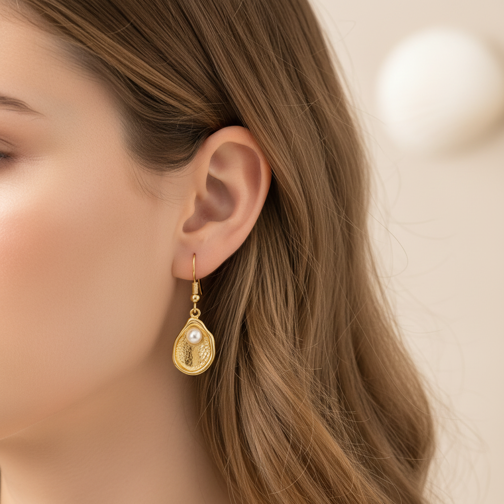 Oyster Pearl Drop Earrings on model