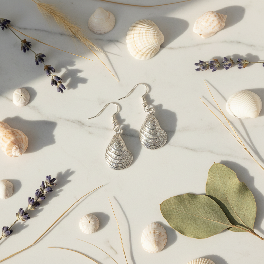Silver Oyster Drop Earrings flat lay