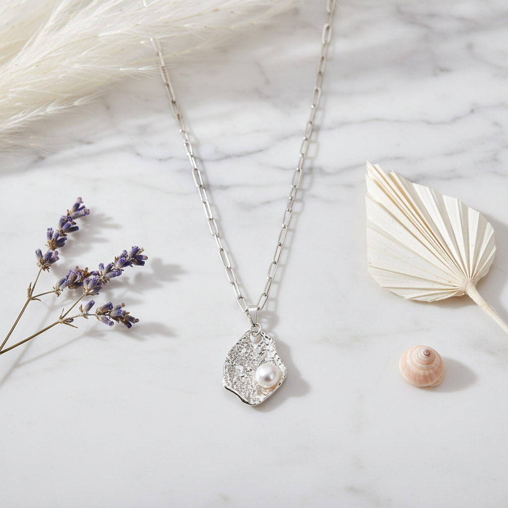Hammered Oyster Necklace flat lay on marble