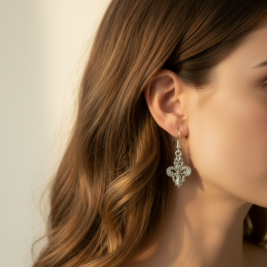 Fleur De Lis Drop Earrings on model