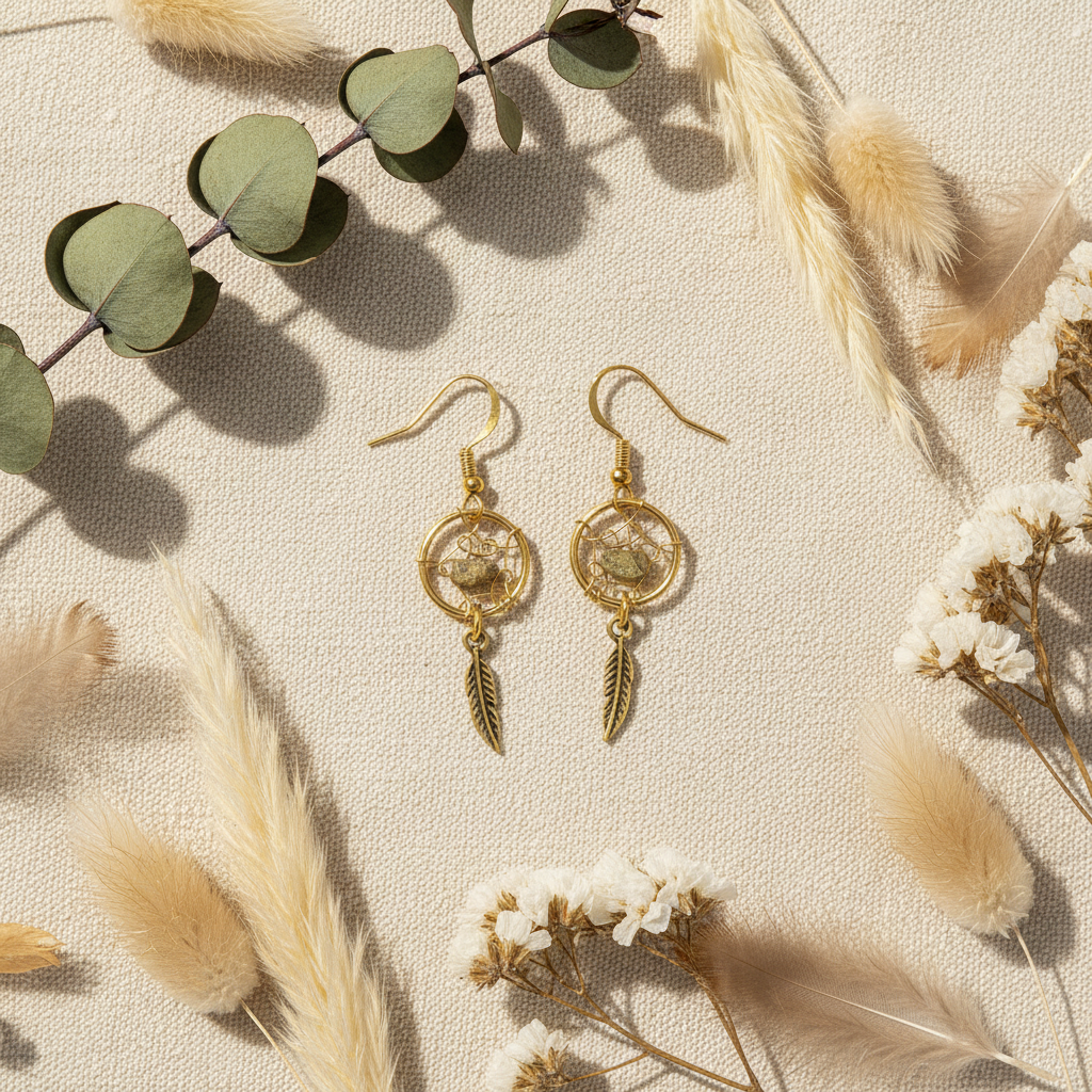 Bayou Dreamcatcher Feather Drop Earrings flat lay