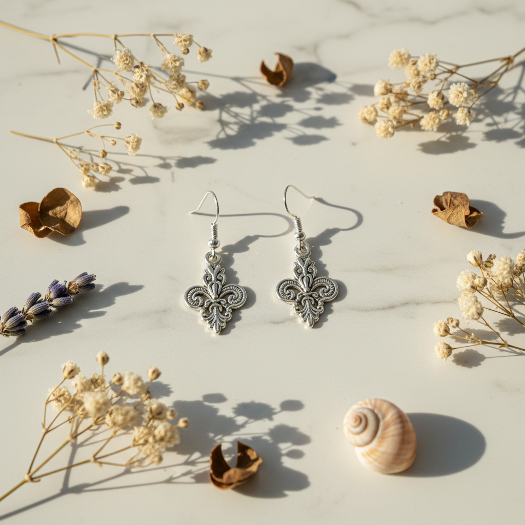 Fleur De Lis Drop Earrings flat lay