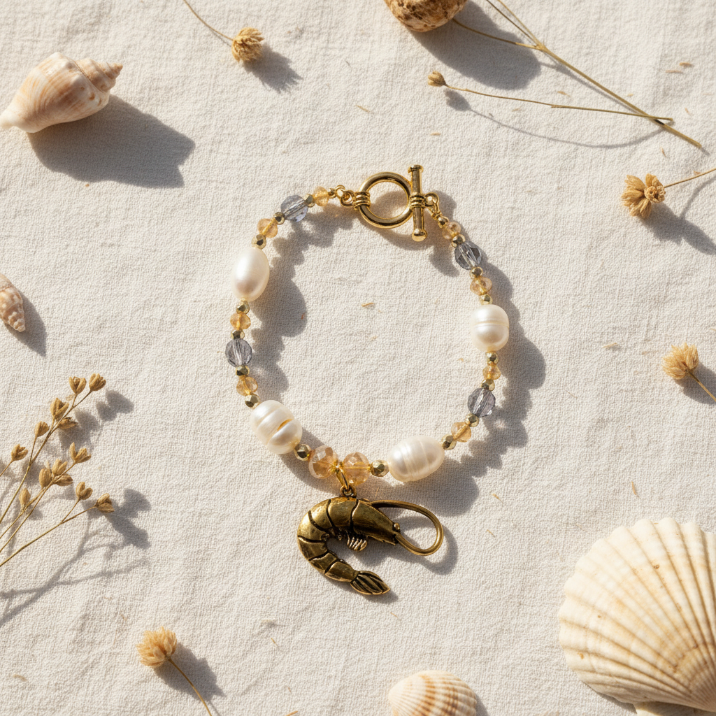 Bayou Shrimp Pearl Bracelet flat lay
