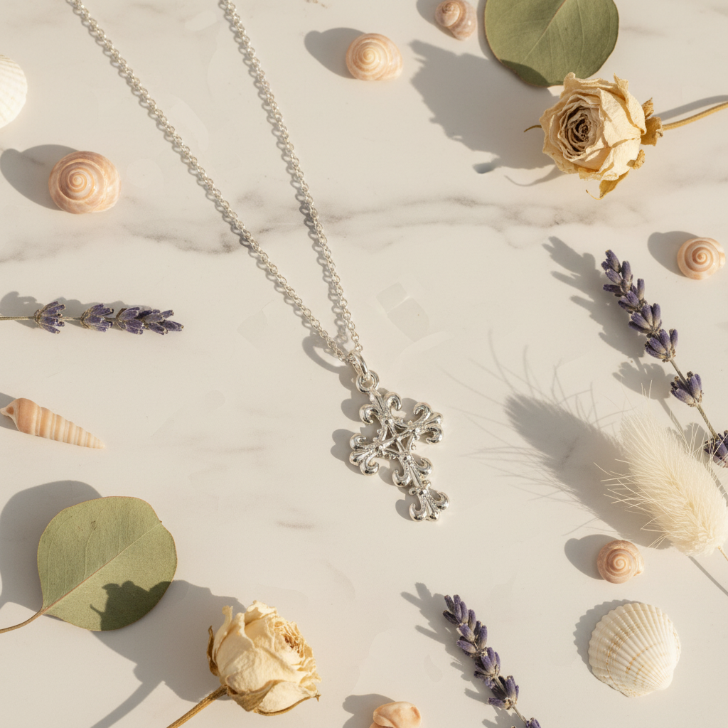 Fleur De Lis Cross Necklace flat lay