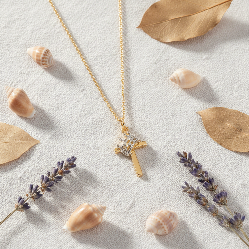 Gold Bayou Blessings Cross Necklace flat lay